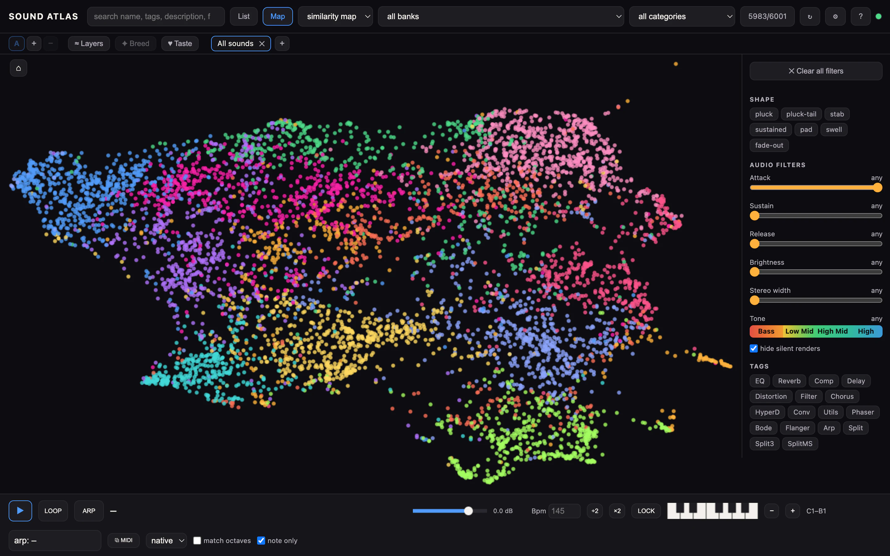 The Muninn sound map: thousands of presets from your library laid out as a coloured cloud where similar sounds sit close together.