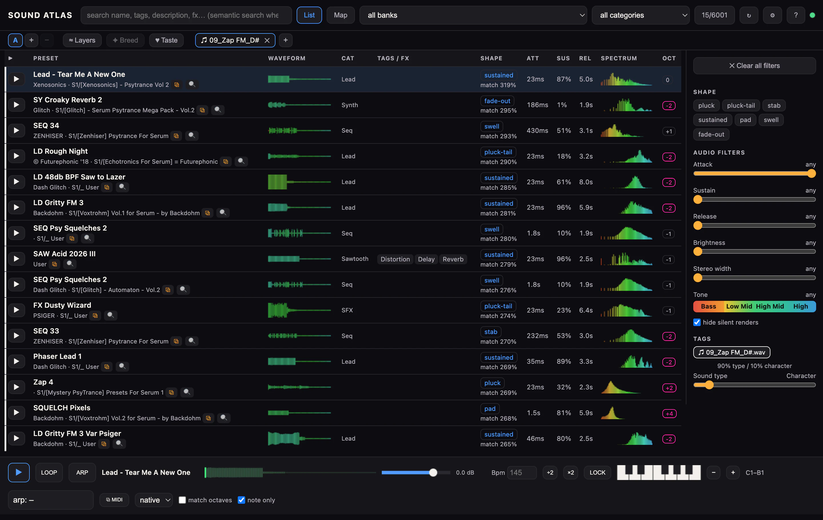 A similarity result list after dropping a reference sound, ranked by how close each preset matches.